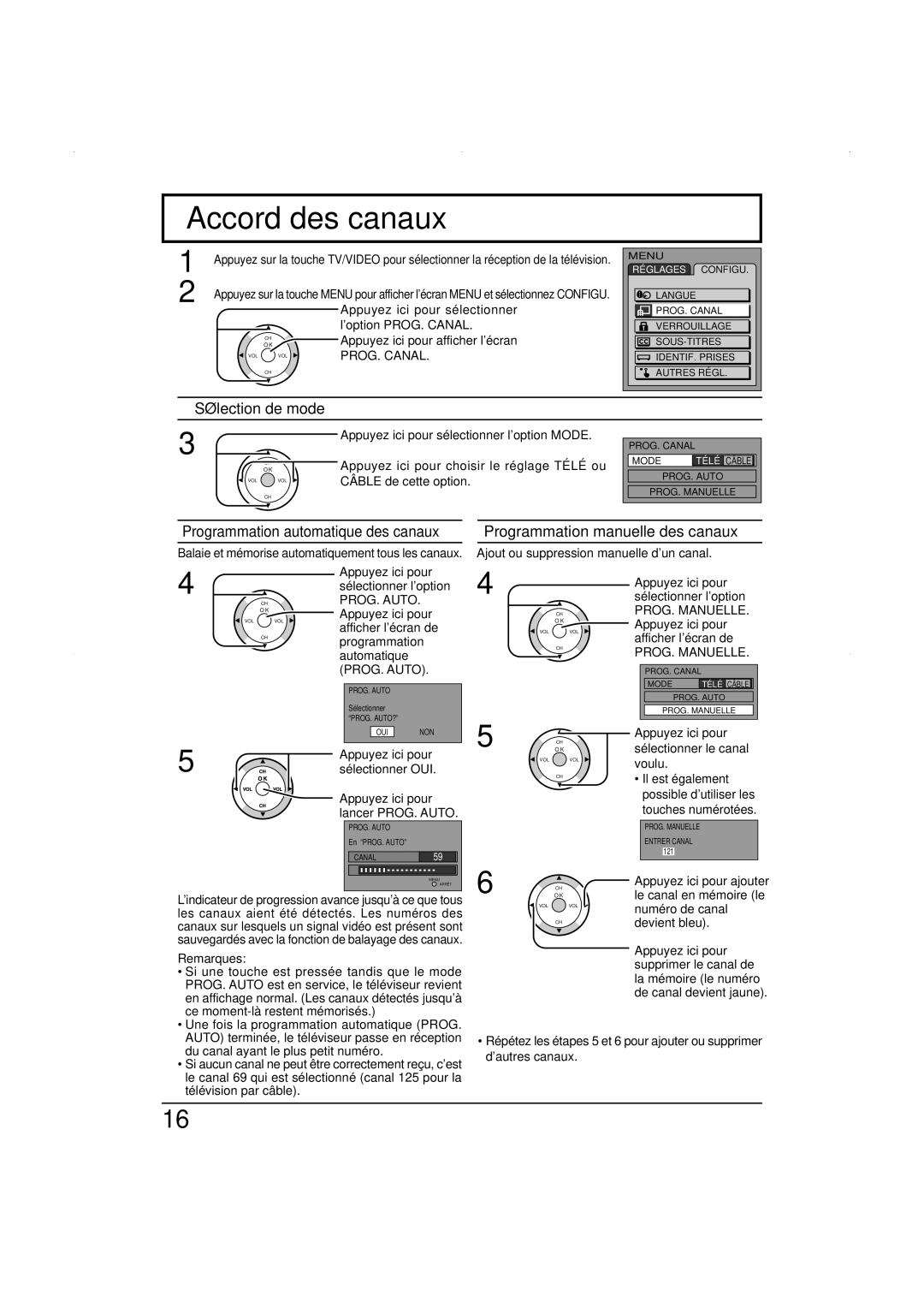 Panasonic TC 26LX50, TC 32LX50 Accord des canaux, Sélection de mode, Programmation automatique des canaux, PROG. Canal 