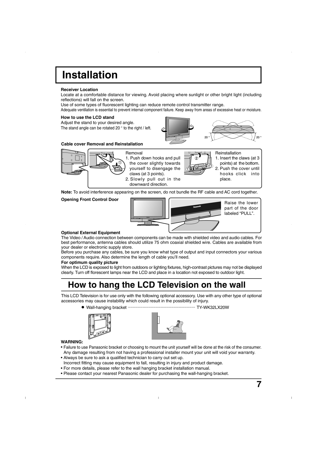 Panasonic TC 26LX50, TC 32LX50, TC-26LE55 operating instructions Installation, How to hang the LCD Television on the wall 