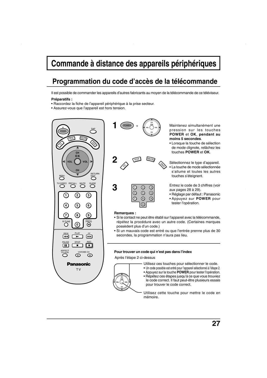 Panasonic TC 32LX50, TC 26LX50, TC-26LE55 operating instructions Programmation du code d’accès de la télécommande 