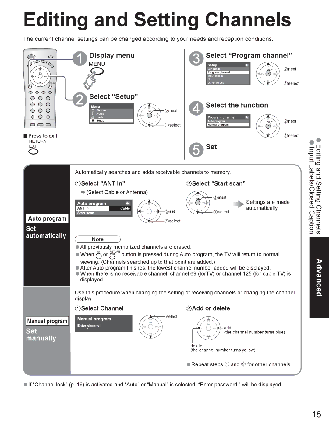 Panasonic TC-32LX60L, TC-26LX60L Editing and Setting Channels, Select Program channel, Select the function, Set manually 