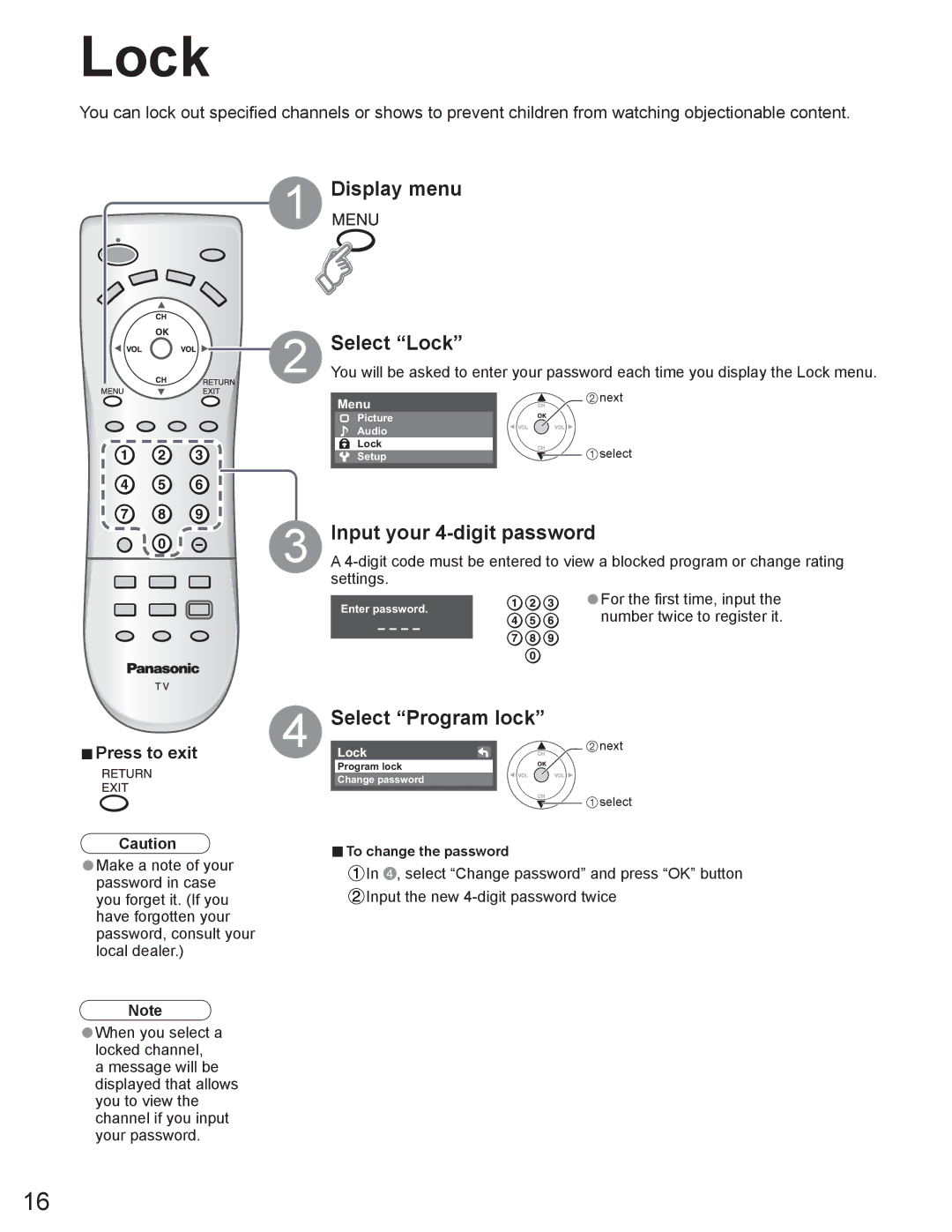 Panasonic TC-26LX60L manual Display menu Select Lock, Input your 4-digit password, Select Program lock, Press to exit 