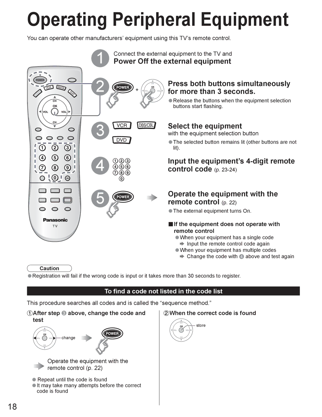 Panasonic TC 23LX60, TC-32LX60L, TC-26LX60L manual Operating Peripheral Equipment, To find a code not listed in the code list 