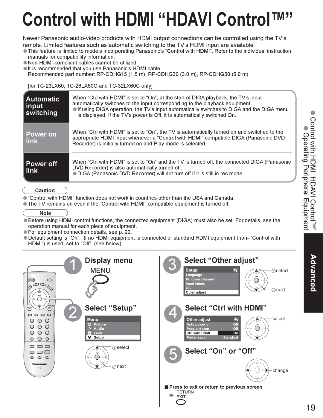 Panasonic TC-23LX60, TC-26LX60C, TC-26LX60L, TC-32LX60C, TC-32LX60L Automatic, Input, Switching, Power on, Link, Power off 