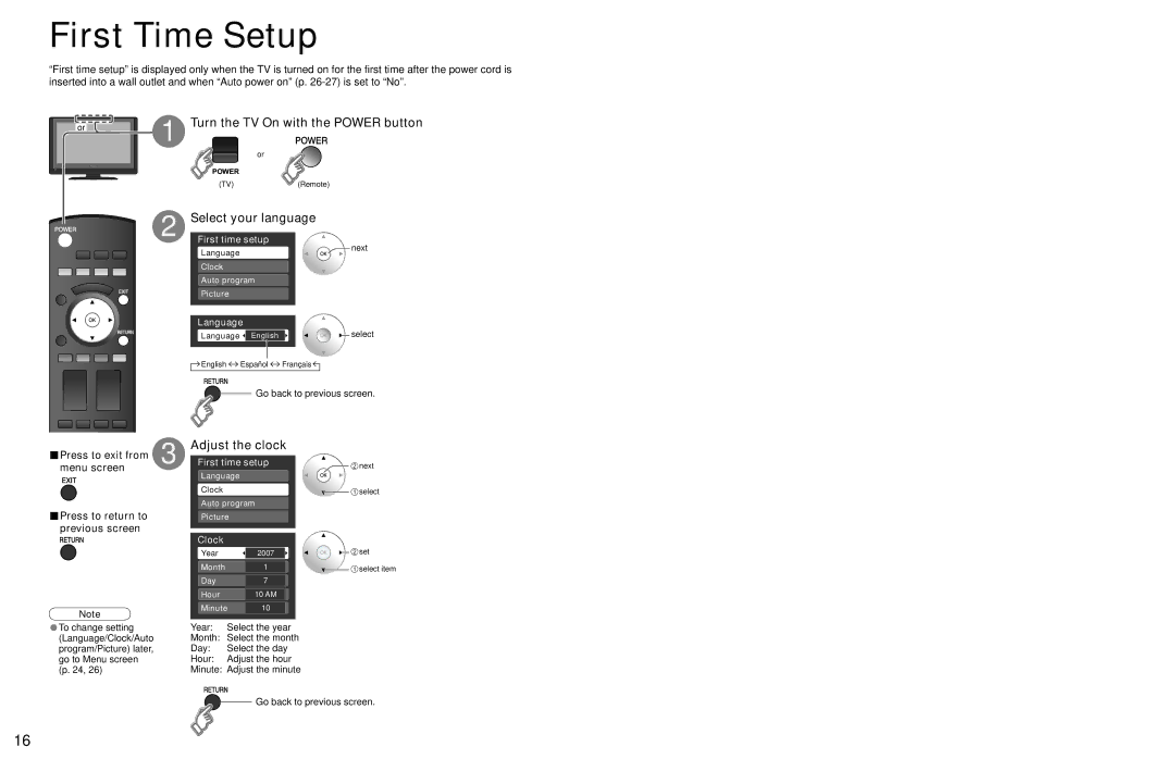 Panasonic TC 32LX700 First Time Setup, Turn the TV On with the Power button, Select your language, Adjust the clock 