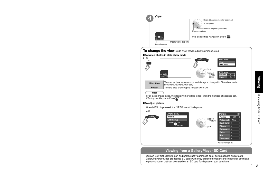 Panasonic TC 32LX700 warranty Viewing from a GalleryPlayer SD Card, To watch photos in slide show mode, To adjust picture 