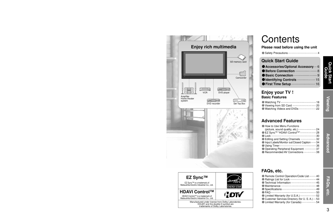 Panasonic TC 32LX700 warranty Contents 