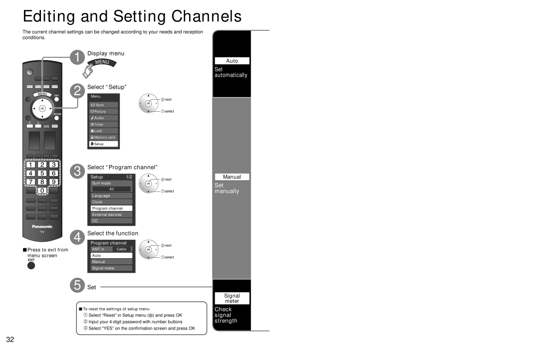 Panasonic TC 32LX700 warranty Editing and Setting Channels, Select the function 