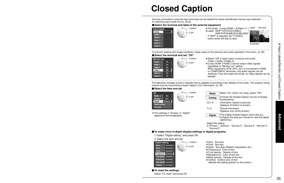 Panasonic TC 32LX700 Closed Caption, Select the terminal and label of the external equipment, Select the item and set 