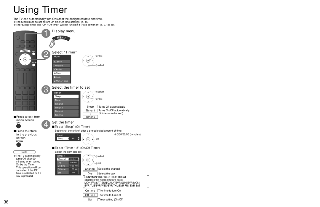 Panasonic TC 32LX700 warranty Using Timer, Display menu Select Timer, Set the timer, To set Sleep Off Timer 