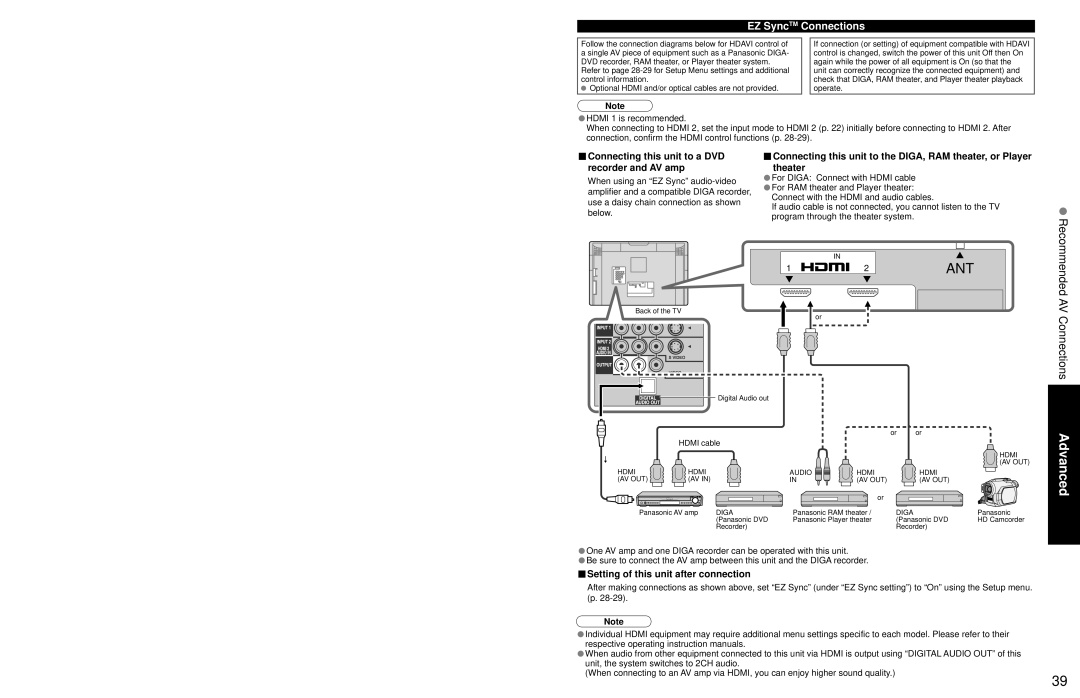 Panasonic TC 32LX700 warranty EZ SyncTM Connections, Connecting this unit to a DVD recorder and AV amp 