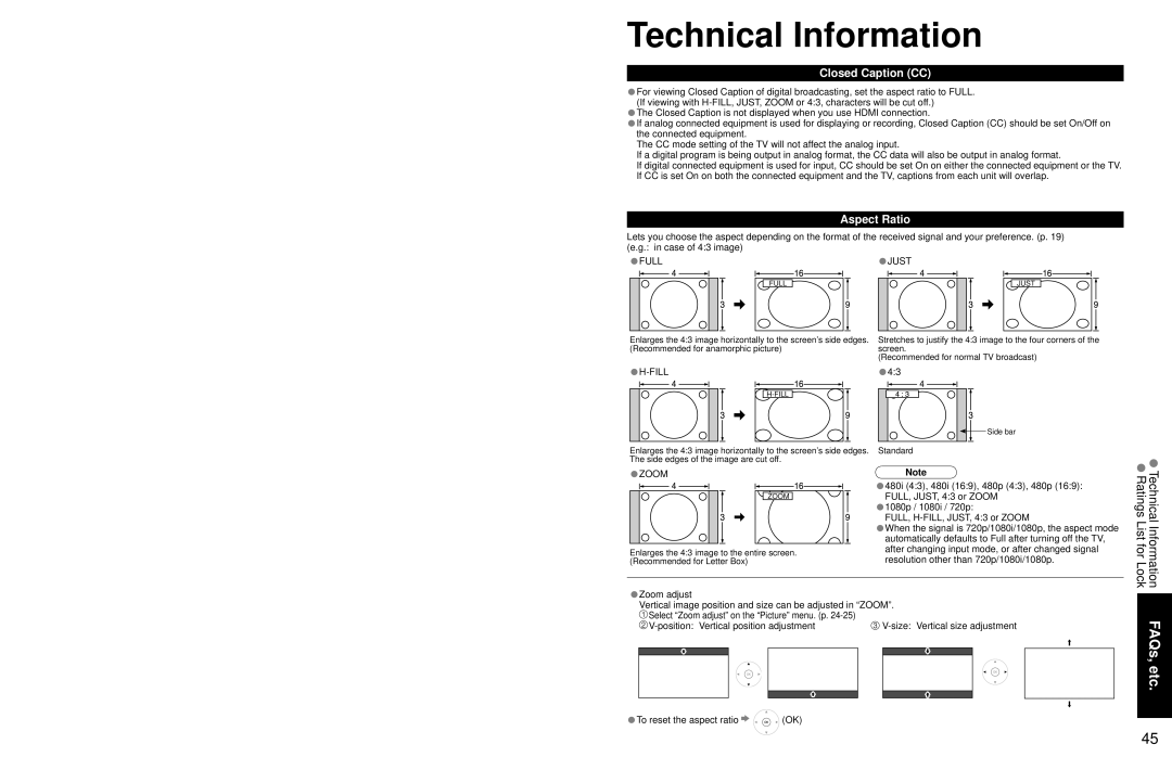 Panasonic TC 32LX700 warranty Technical Information, Closed Caption CC, Aspect Ratio, To reset the aspect ratio 