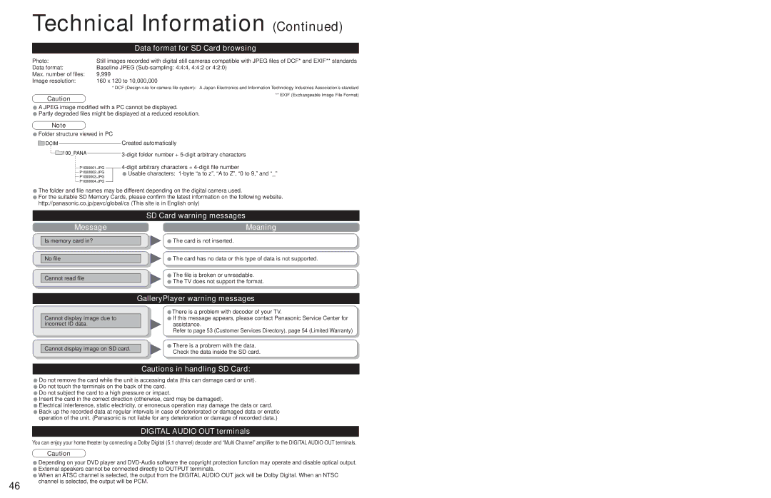 Panasonic TC 32LX700 Data format for SD Card browsing, SD Card warning messages Meaning, GalleryPlayer warning messages 