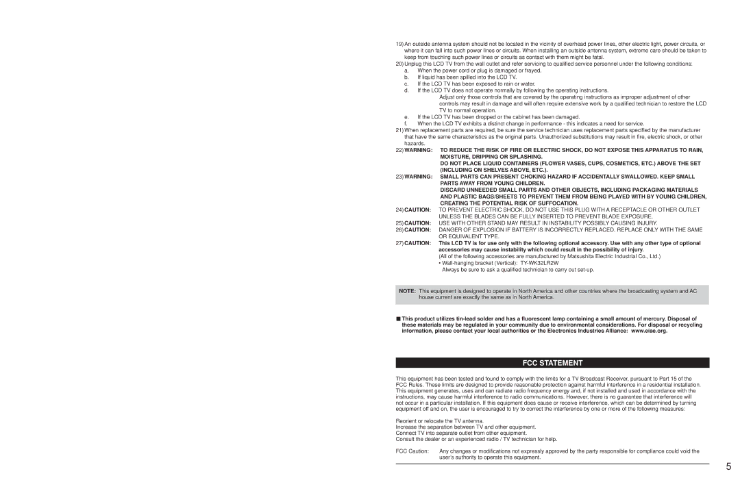 Panasonic TC 32LX700 warranty FCC Statement 