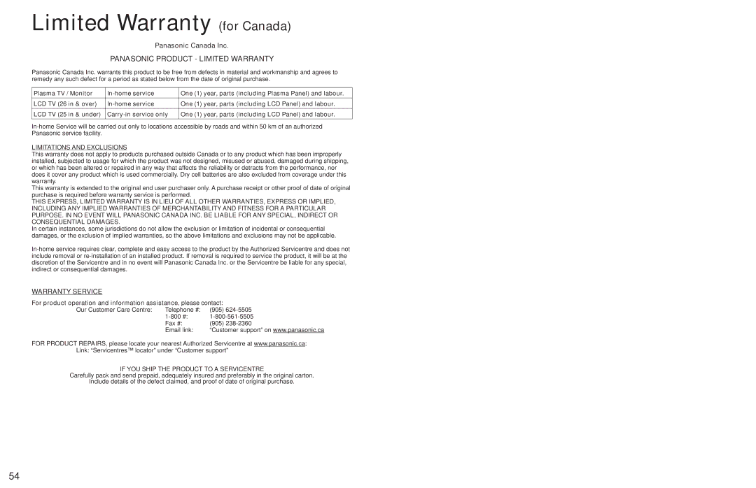 Panasonic TC 32LX700 warranty Limited Warranty for Canada, Panasonic Canada Inc 