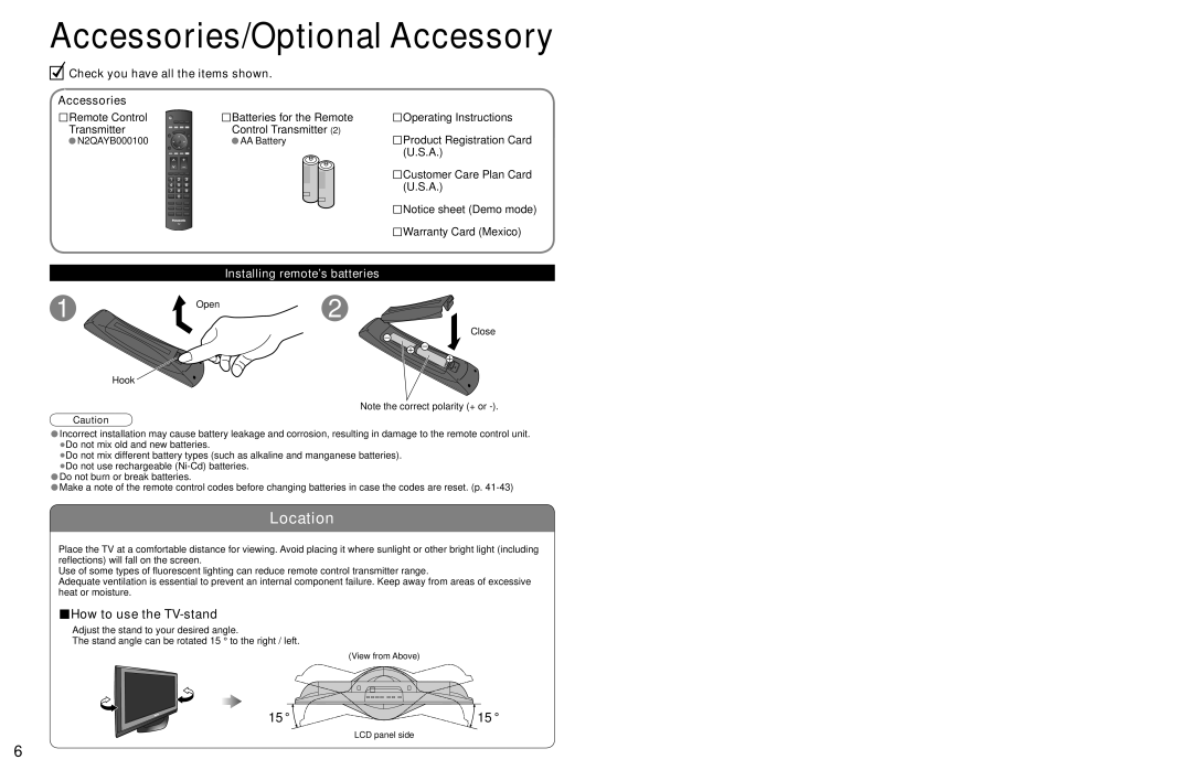 Panasonic TC 32LX700 Accessories/Optional Accessory, Location, How to use the TV-stand, Installing remote’s batteries 