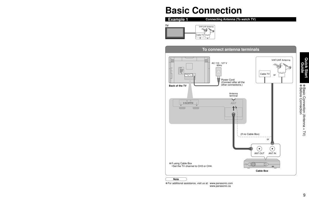 Panasonic TC 32LX700 warranty Basic Connection, Example, To connect antenna terminals, Back of the TV, Cable Box 