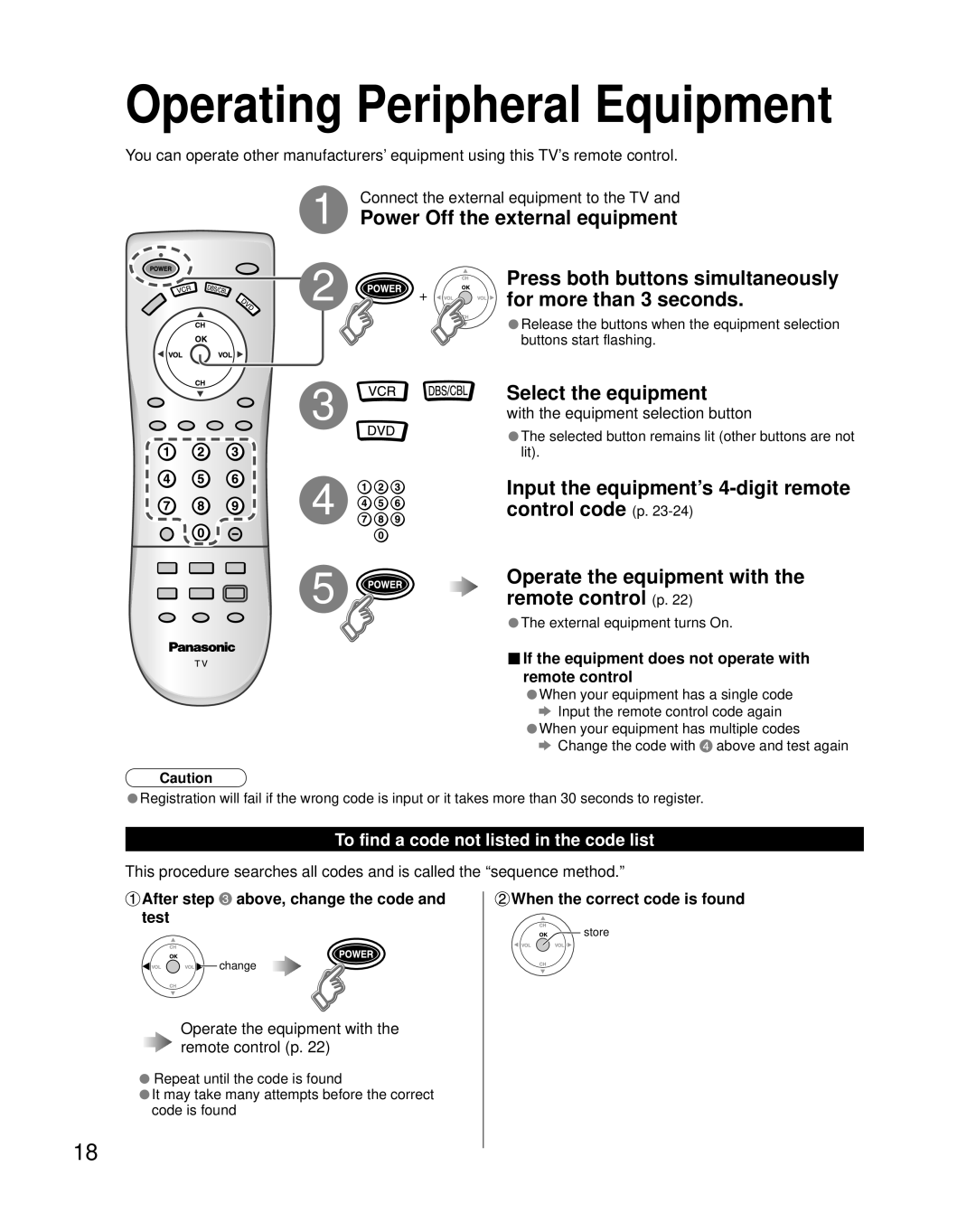 Panasonic TC-32LX70L, TC-26LX70L manual Operating Peripheral Equipment, To find a code not listed in the code list 