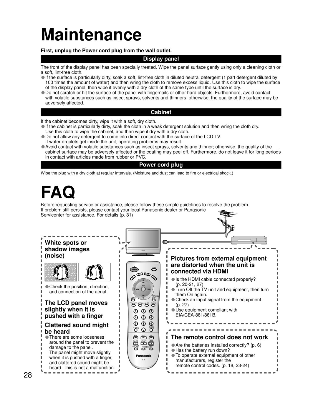 Panasonic TC-32LX70L, TC-26LX70L manual Maintenance, White spots or shadow images noise, Remote control does not work 