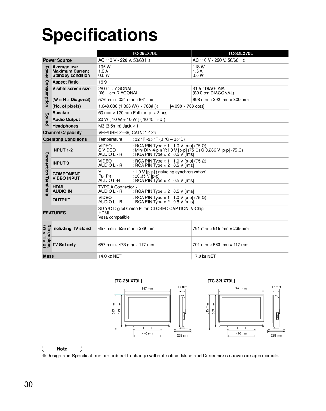 Panasonic TC-32LX70L, TC-26LX70L manual Specifications, Features 