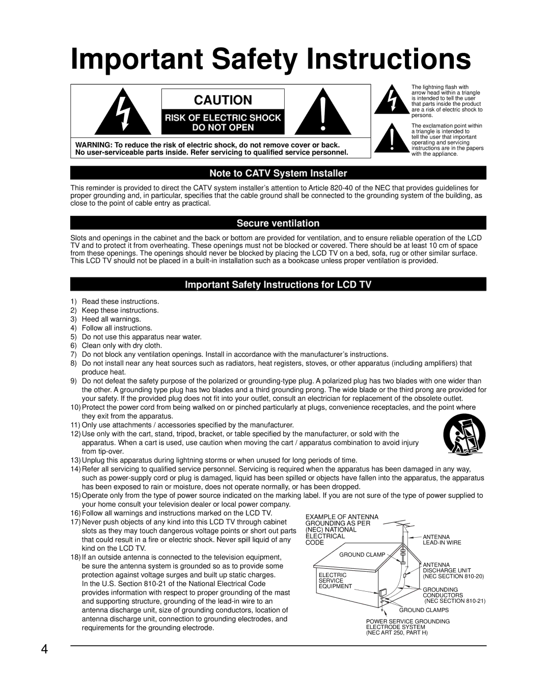 Panasonic TC-32LX70L, TC-26LX70L manual Secure ventilation, Important Safety Instructions for LCD TV 