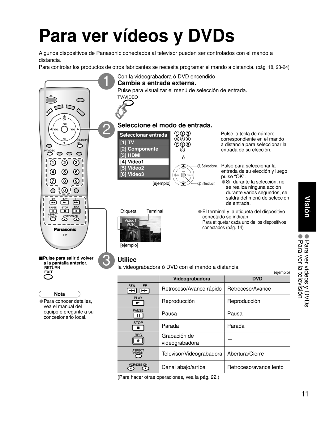 Panasonic TC-26LX70L, TC-32LX70L Para ver vídeos y DVDs, Cambie a entrada externa, Seleccione el modo de entrada, Utilice 