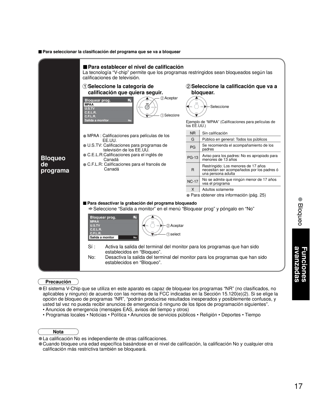 Panasonic TC-26LX70L, TC-32LX70L manual Bloqueo, Programa, Para establecer el nivel de calificación 