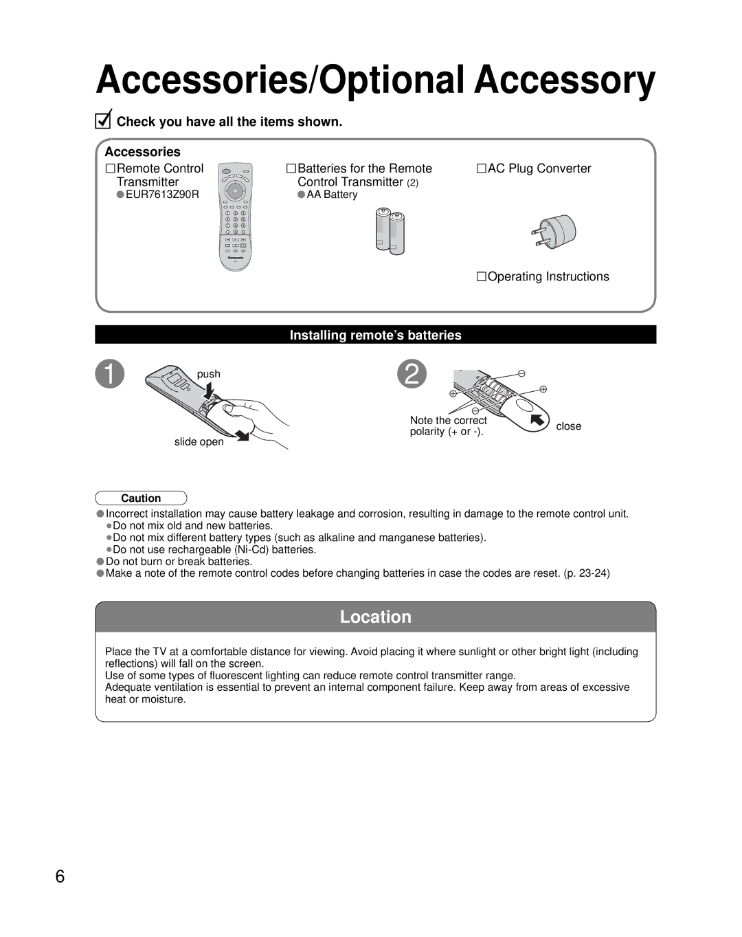 Panasonic TC-32LX70L, TC-26LX70L manual Accessories/Optional Accessory, Installing remote’s batteries 