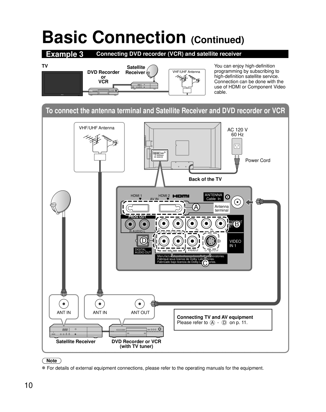 Panasonic TC-32LX85, TQB2AA0774 quick start Example 3 Connecting DVD recorder VCR and satellite receiver, Satellite 