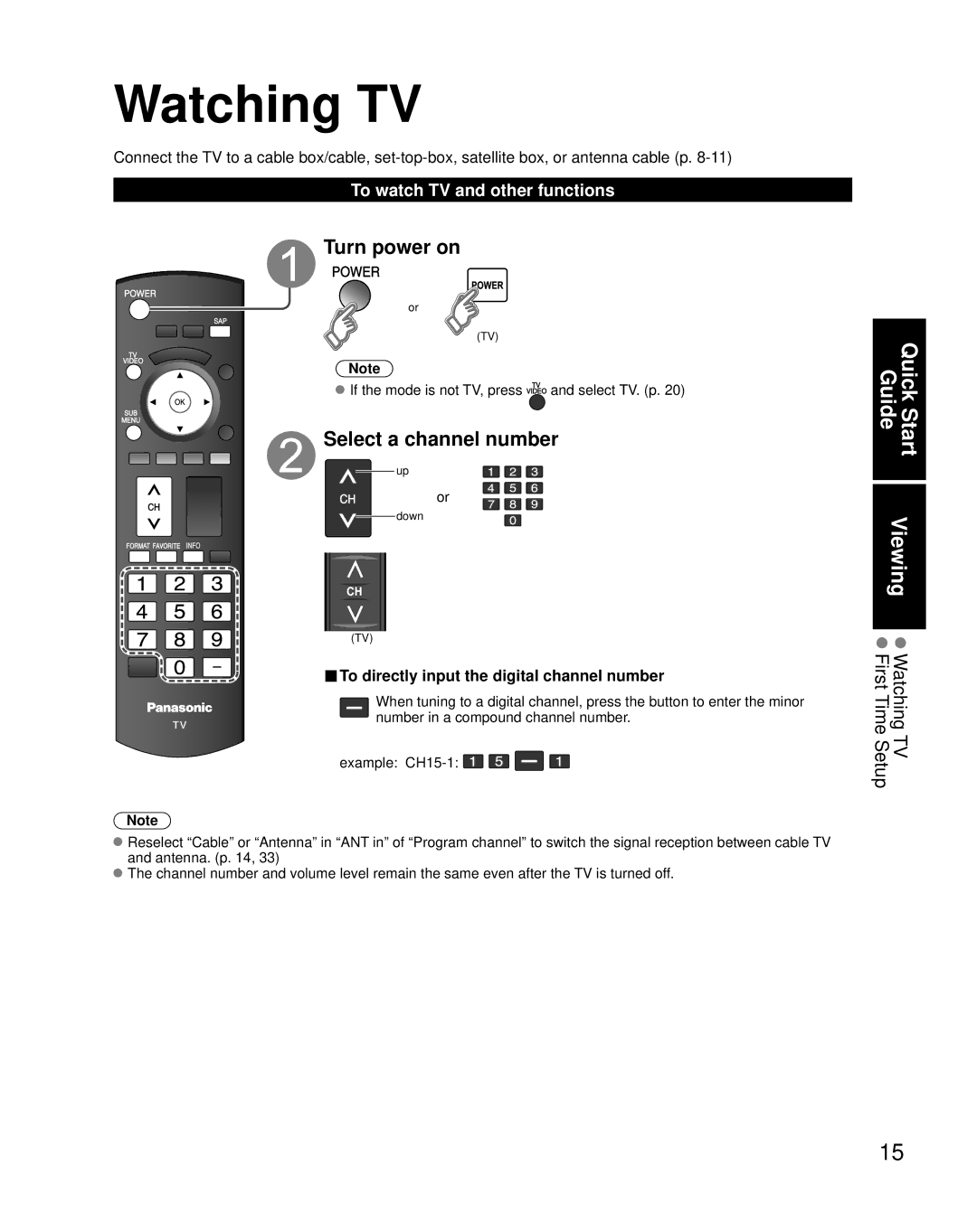 Panasonic TQB2AA0774, TC-32LX85 Watching TV, Turn power on, Select a channel number, To watch TV and other functions 