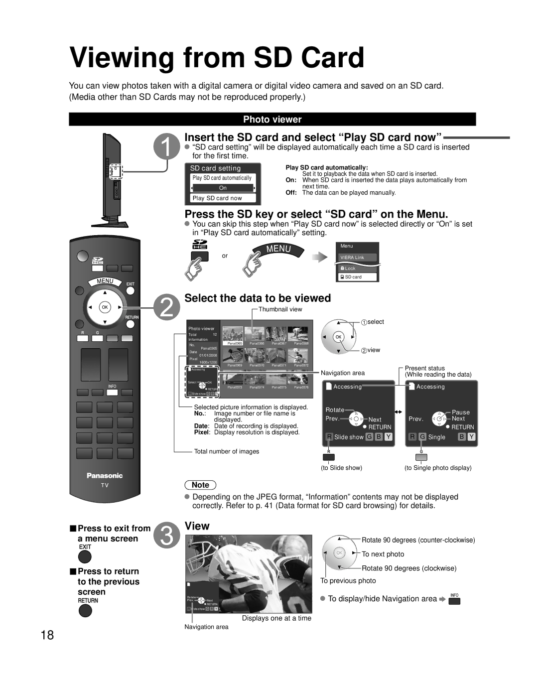 Panasonic TC-32LX85 Viewing from SD Card, Insert the SD card and select Play SD card now, Select the data to be viewed 