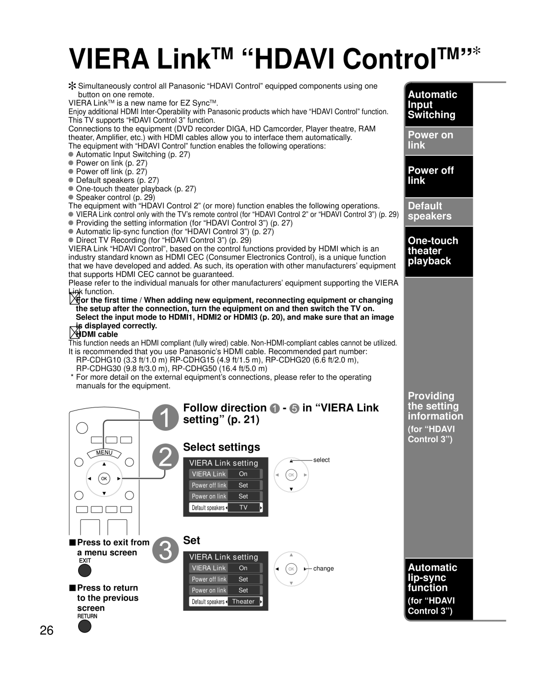 Panasonic TC-32LX85 quick start Viera LinkTM Hdavi ControlTM, Follow direction in Viera Link setting p Select settings, Set 