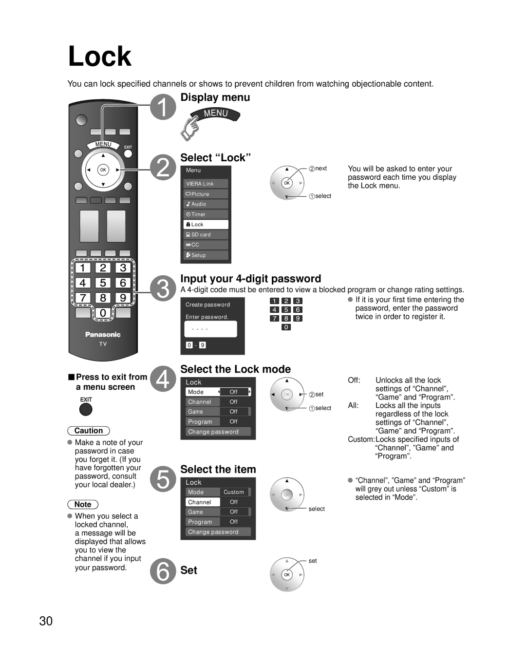 Panasonic TC-32LX85, TQB2AA0774 quick start Display menu Select Lock, Input your 4-digit password, Select the Lock mode 