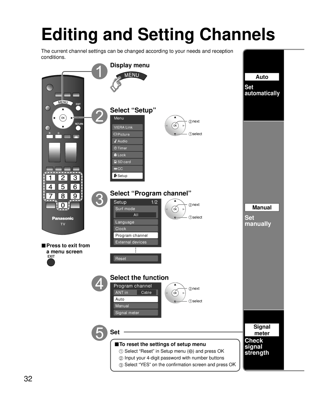 Panasonic TC-32LX85, TQB2AA0774 quick start Editing and Setting Channels, Select Program channel, Select the function 