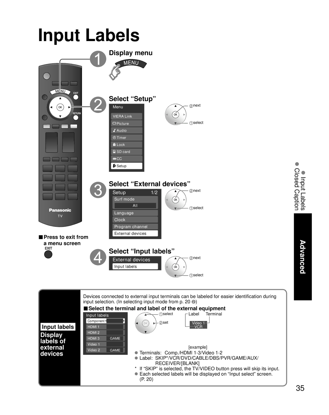 Panasonic TQB2AA0774 Input Labels, Select External devices, Select Input labels, Display labels of external devices 