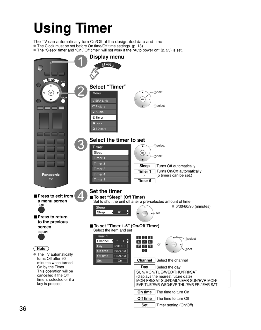 Panasonic TC-32LX85, TQB2AA0774 quick start Using Timer, Display menu Select Timer, Select the timer to set, Set the timer 