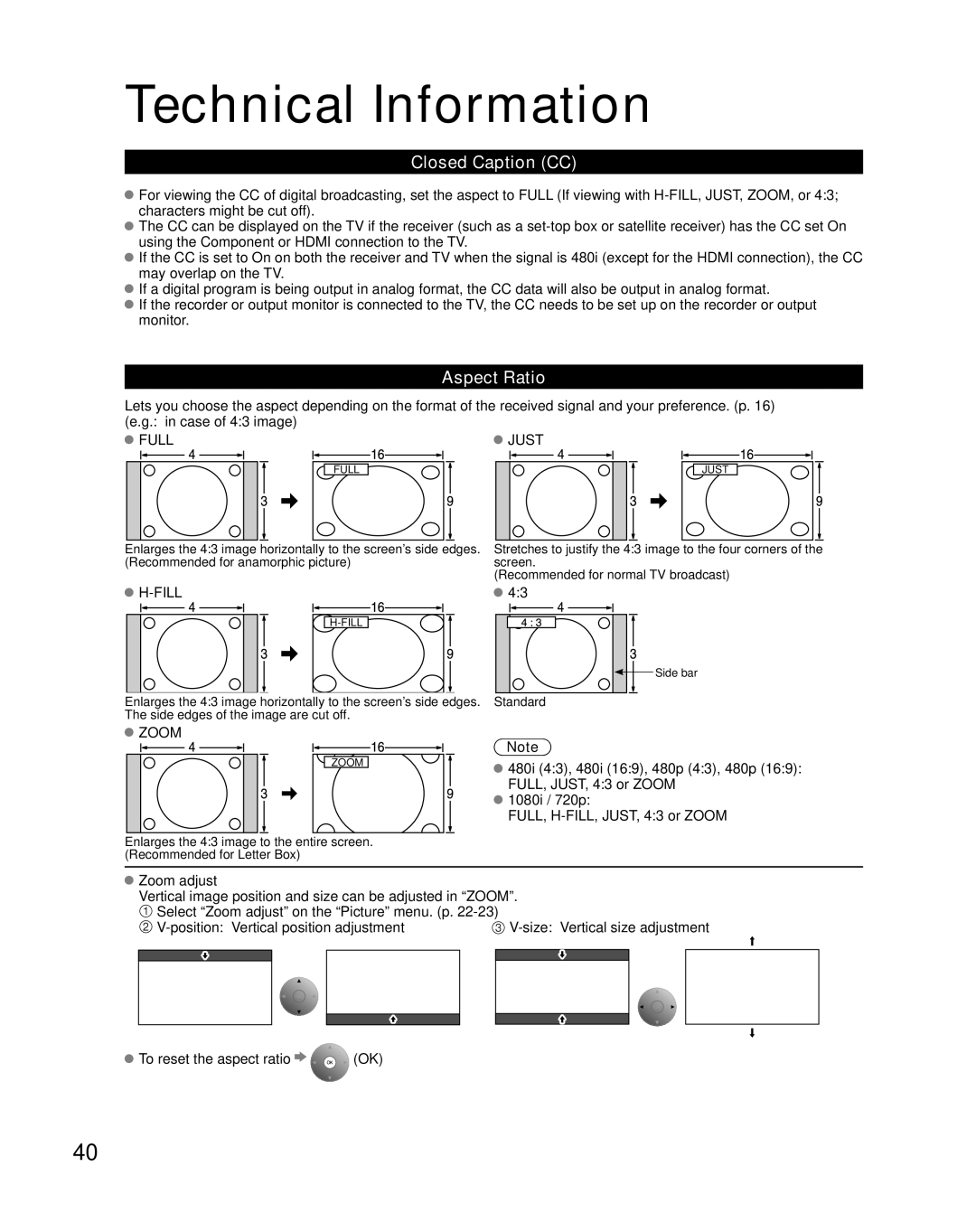 Panasonic TC-32LX85, TQB2AA0774 quick start Technical Information, Closed Caption CC, Aspect Ratio 