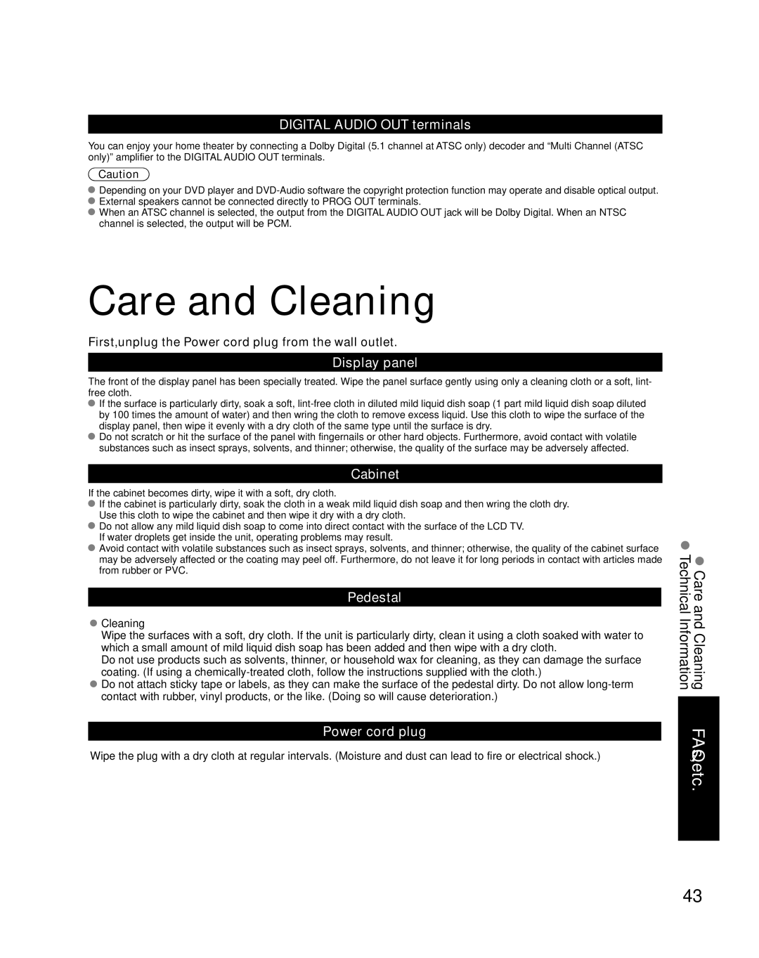 Panasonic TQB2AA0774, TC-32LX85 quick start Care and Cleaning 