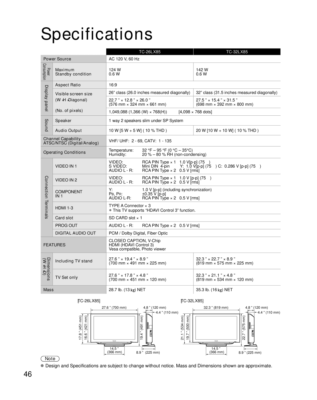 Panasonic TC-32LX85, TQB2AA0774 quick start Specifications, Features 