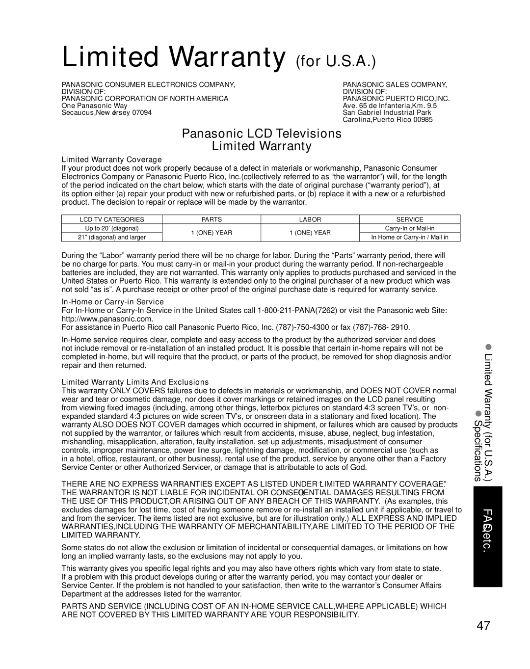 Panasonic TQB2AA0774, TC-32LX85 Limited Warranty for U.S.A, Limited Warranty Coverage, In-Home or Carry-in Service 