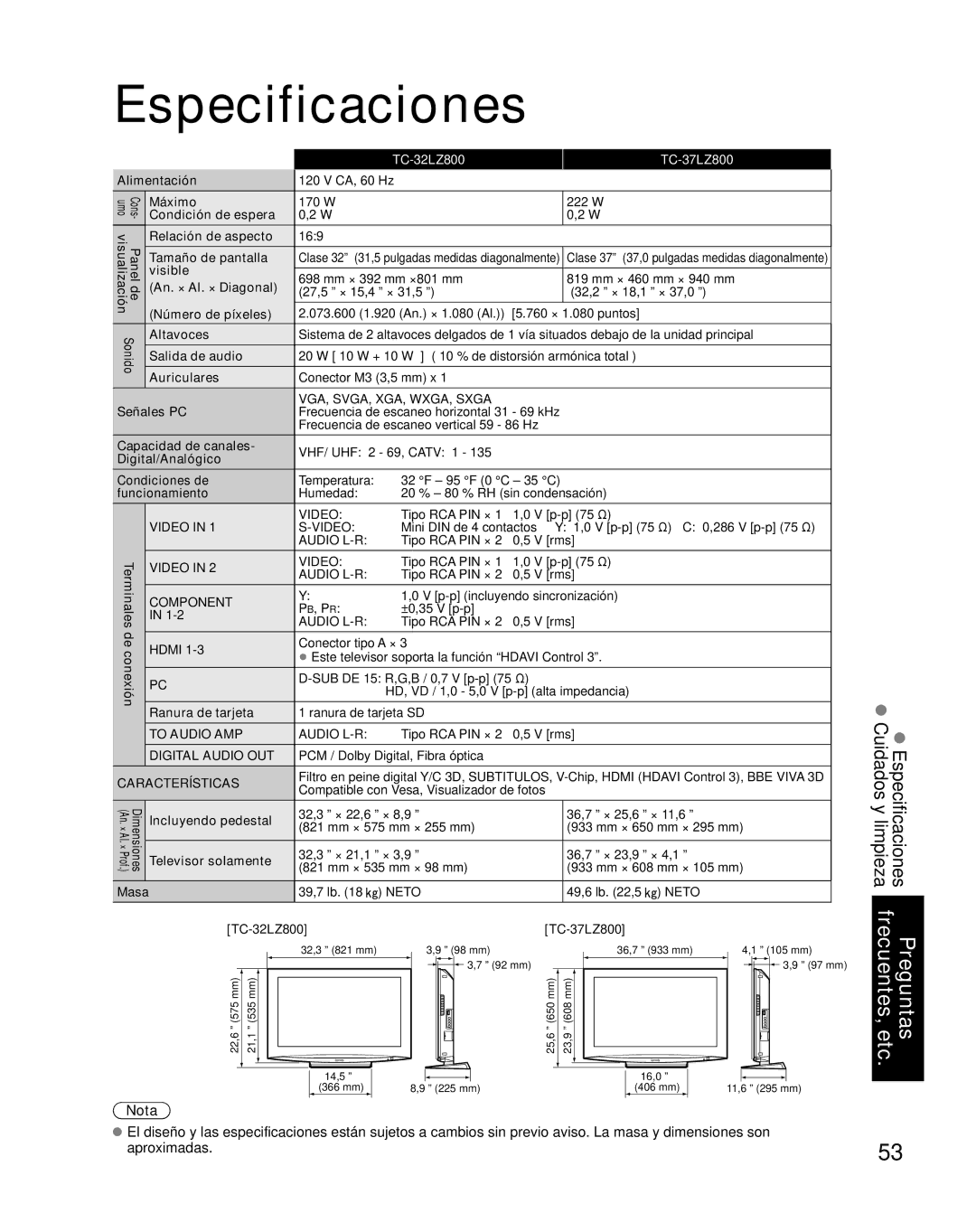 Panasonic TC-32LZ800 quick start Especificaciones 