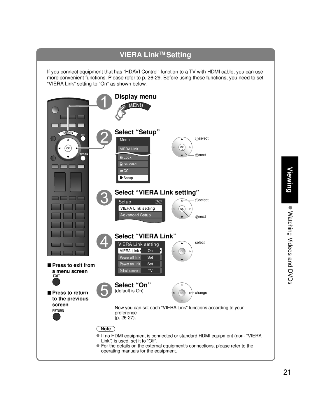 Panasonic TC-32LZ800 quick start Display menu Select Setup, Select Viera Link setting, Select On 