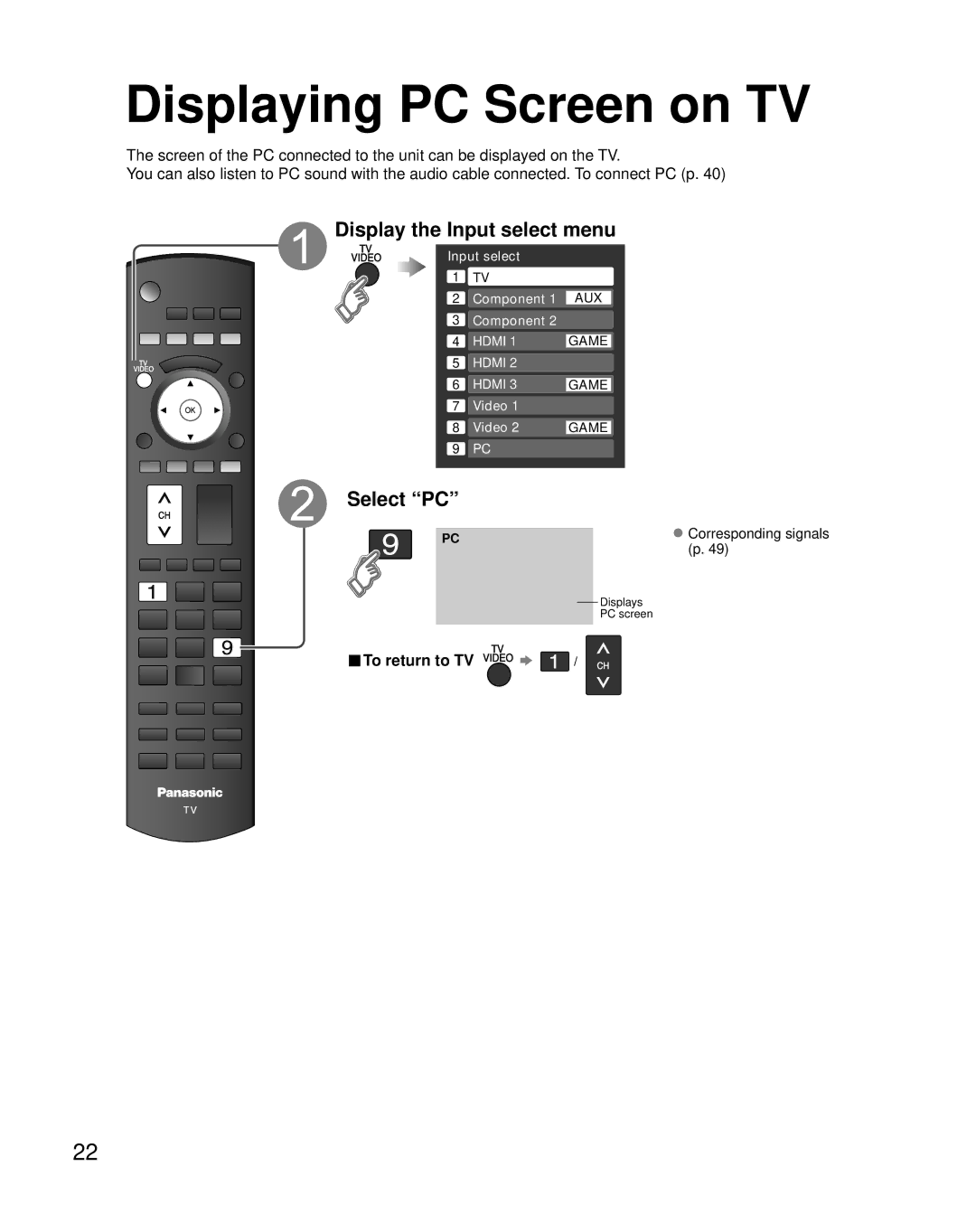 Panasonic TC-32LZ800 quick start Displaying PC Screen on TV, Display the Input select menu, Select PC 