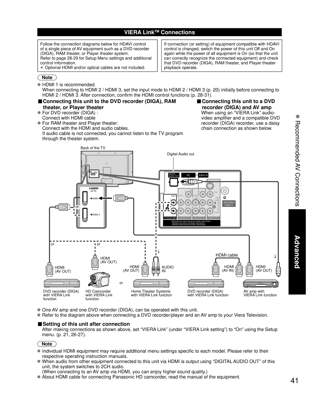 Panasonic TC-32LZ800 quick start Advanced, Viera LinkTM Connections, Setting of this unit after connection 