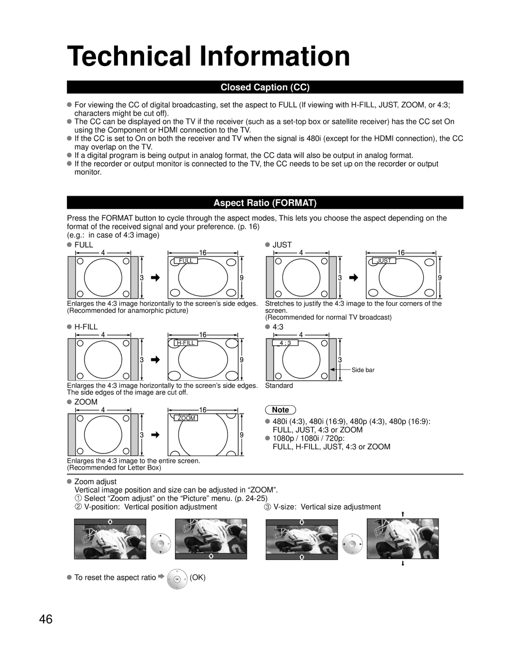 Panasonic TC-32LZ800 quick start Technical Information, Closed Caption CC, Aspect Ratio Format 