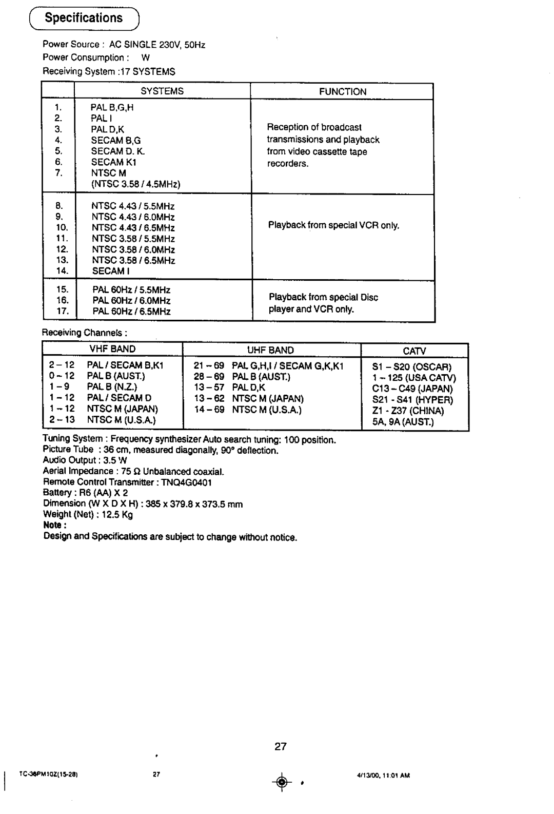 Panasonic TC-36PM10Z manual 