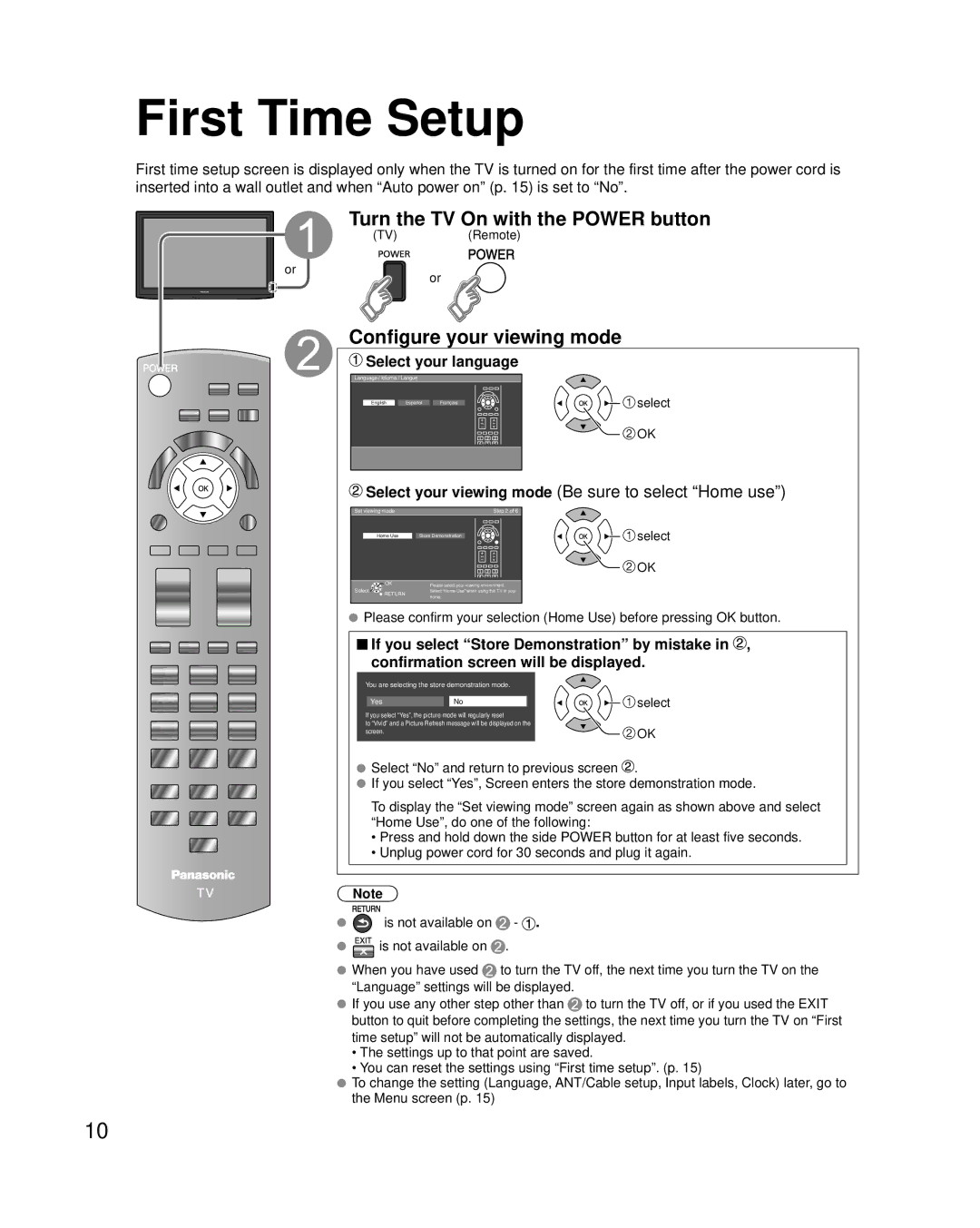 Panasonic TC-42LD24 warranty First Time Setup, Turn the TV On with the Power button, Configure your viewing mode 