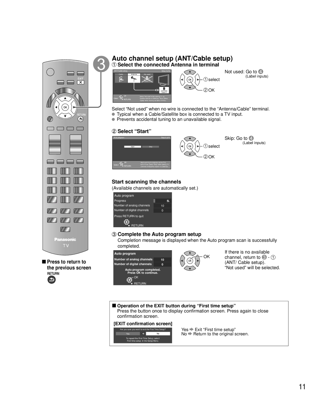 Panasonic TC-42LD24 warranty Auto channel setup ANT/Cable setup, Select the connected Antenna in terminal, Select Start 