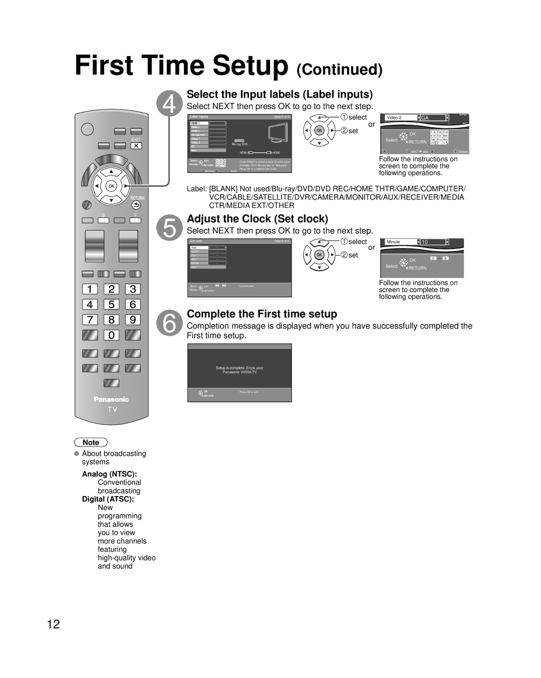 Panasonic TC-42LD24 Select the Input labels Label inputs, Adjust the Clock Set clock, Complete the First time setup 