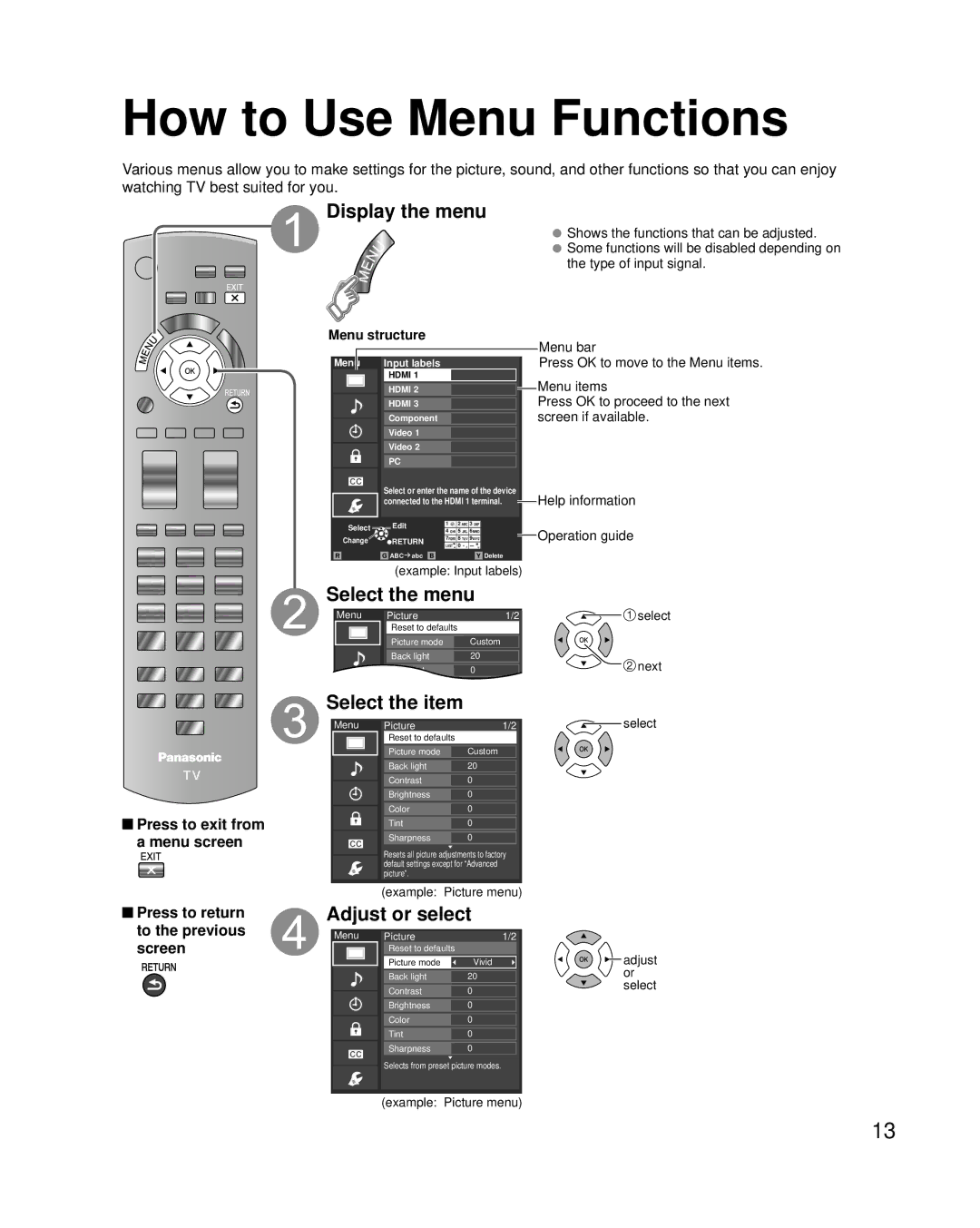 Panasonic TC-42LD24 How to Use Menu Functions, Display the menu, Adjust or select, Press to return to the previous screen 