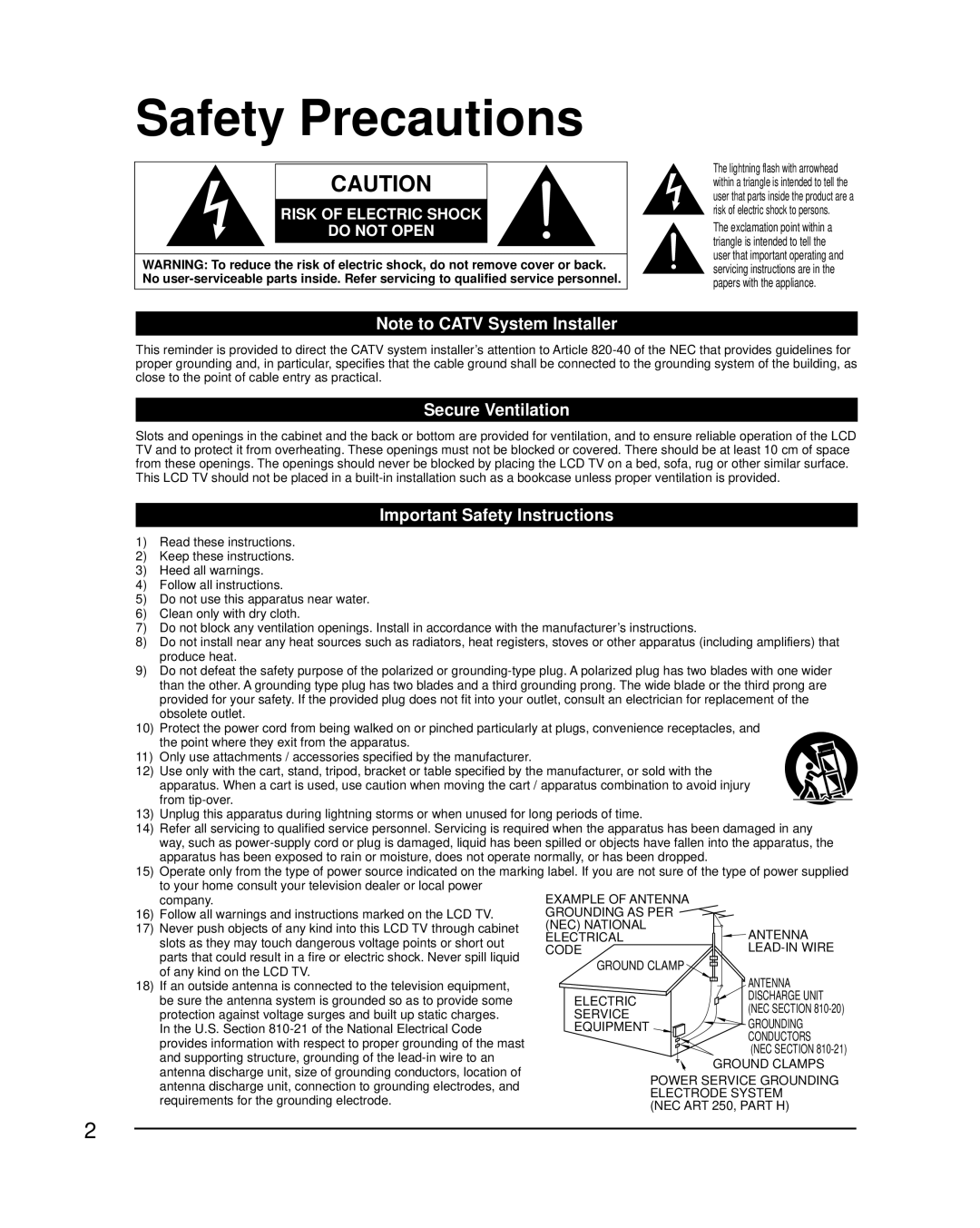 Panasonic TC-42LD24 warranty Safety Precautions, Secure Ventilation, Important Safety Instructions 